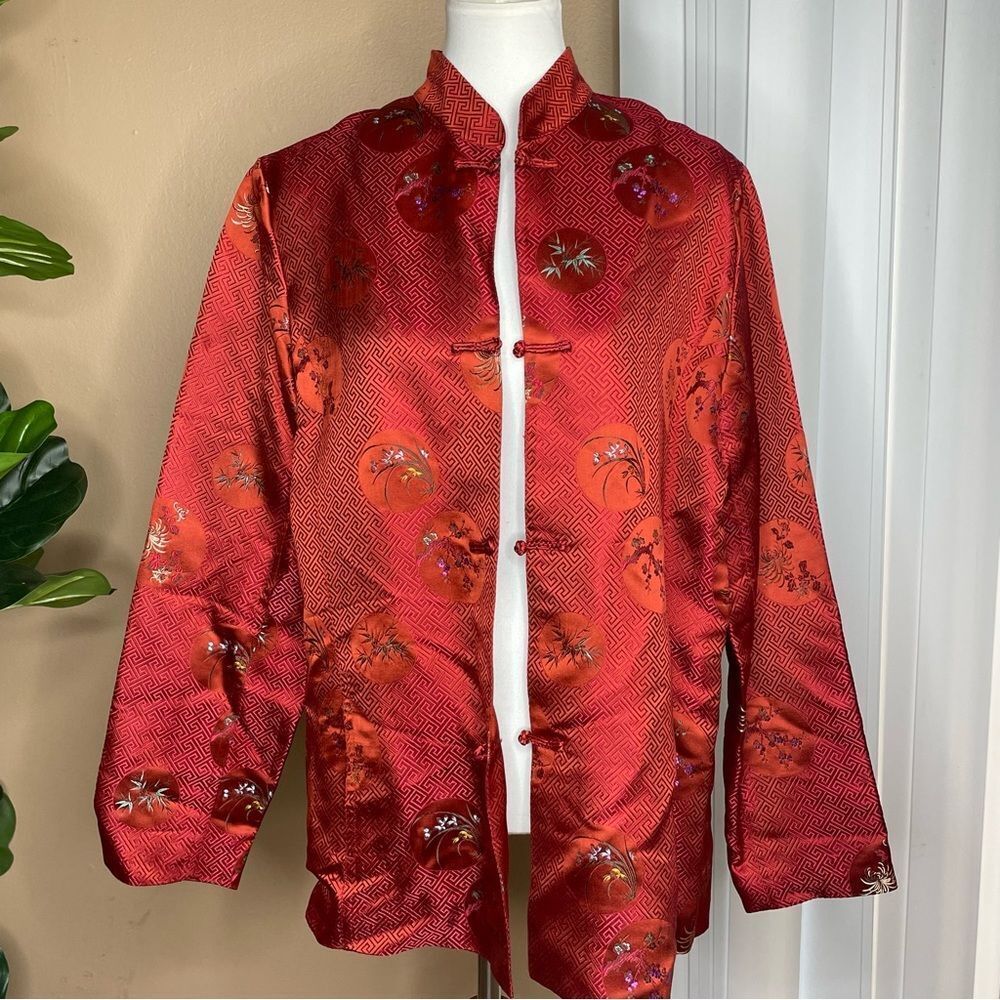 Kate Hill Red Silk Blend Maze Print Floral Embroidery Jacket Size XL